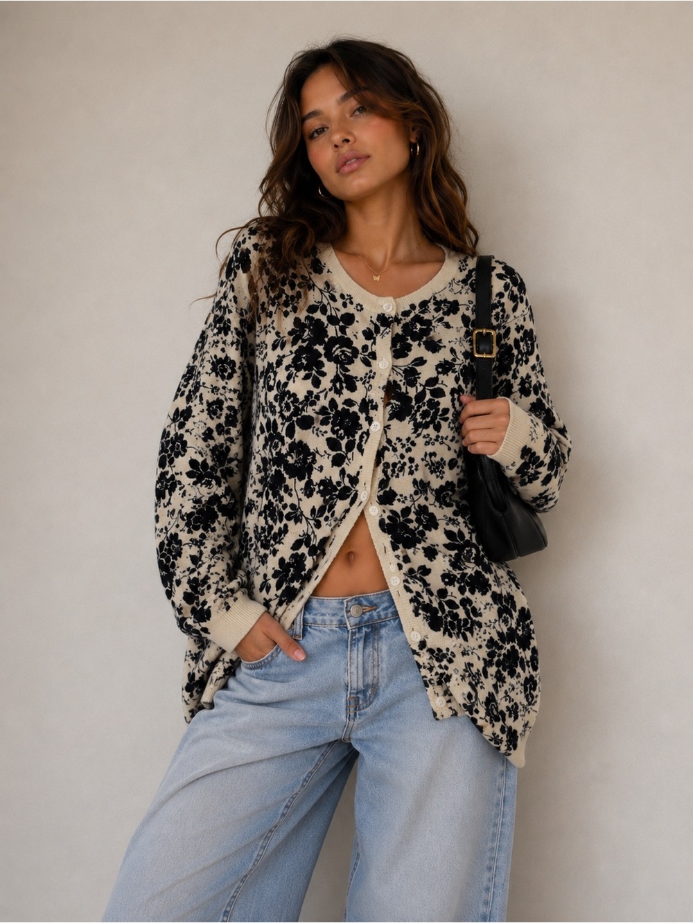 NEW Basic Editions Women’s Cotton Floral Knit Cardigan Cream Black Long Sleeve L